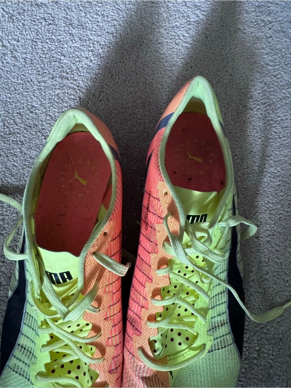 Puma Men’sYellow and Coral/Orange Track Cleats (metal) 10.5